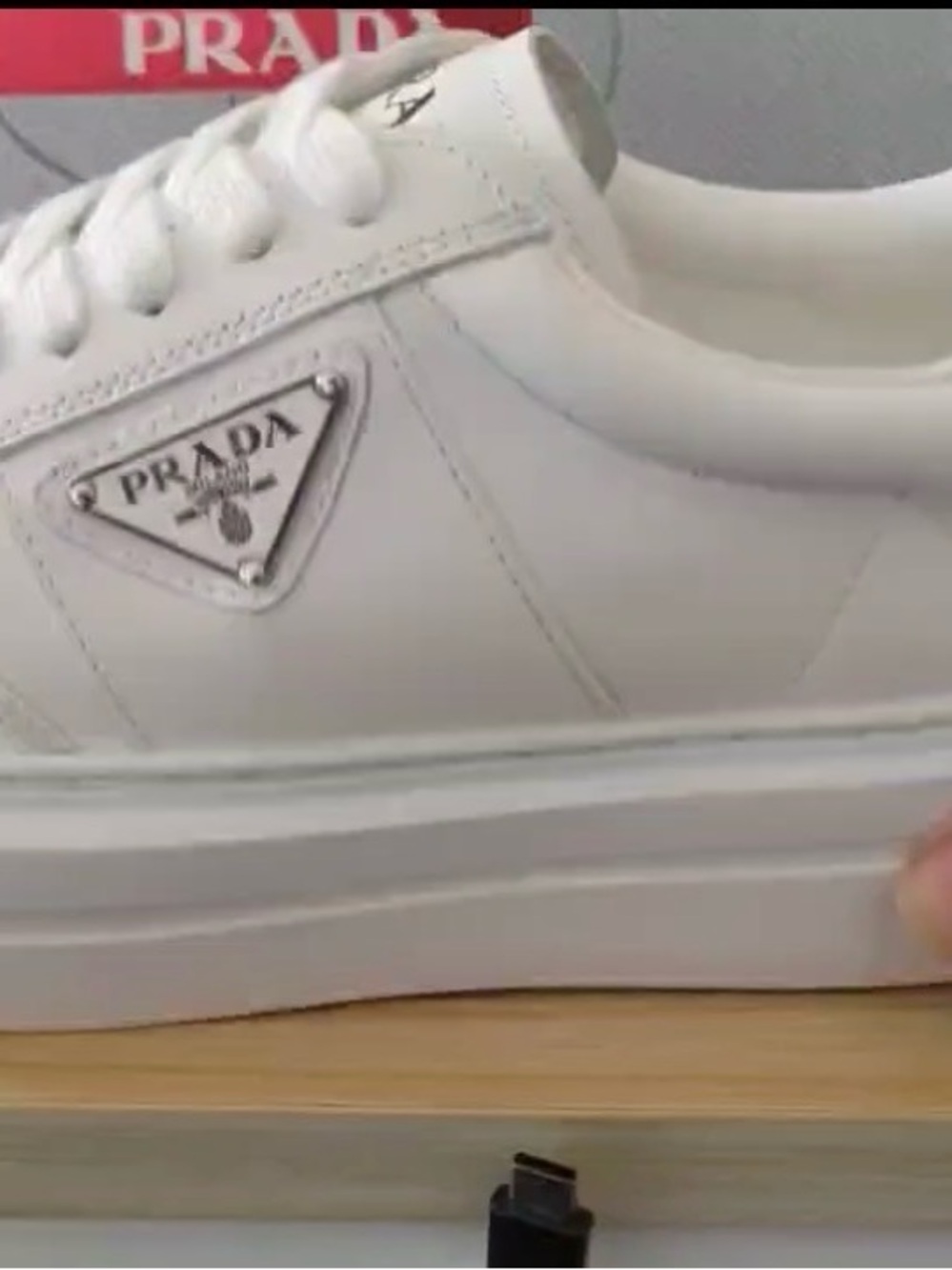 Prada White Leather Low-Top Sneaker with Black Logo - Picture 4 of 4